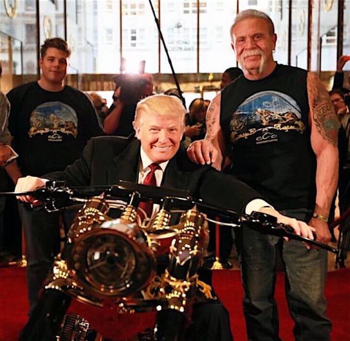 trump ebr agusta motorcycle company, Trump grinds the sidestand of a huge OC Customs chopper onto Paul Teutel s right big toe No complaints No losers