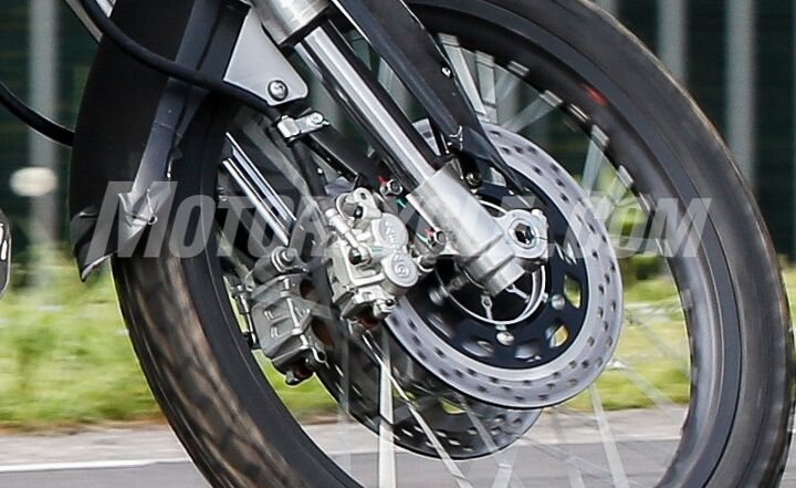 mo espionage yamaha fz 07 tenere spy shots, A pair of Brembo single action two piston calipers provide the stopping power Oddly no signs of wheel speed sensors for ABS at this point in the bike s development