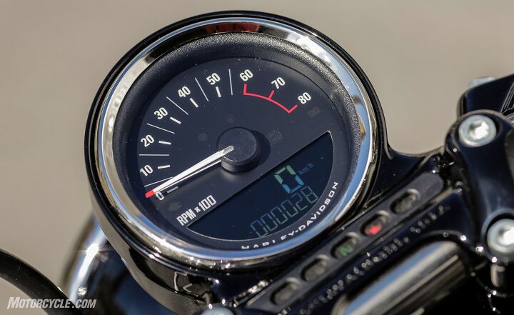 2016 harley davidson roadster first ride review, Harley deserves props for integrating the digital speedometer into the tachometer housing but the LCD is hard to read in daylight A Harley representative said that a fix is in the works