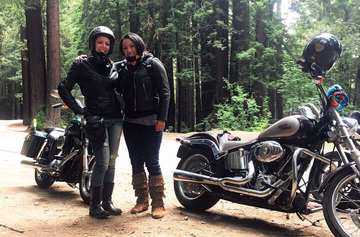sisterhood on two wheels a glimpse into the litas motorcycle community, Litas South Bay co founder Stacy Haggett and the story s author Jessica Kline cruise through the redwoods in Northern California