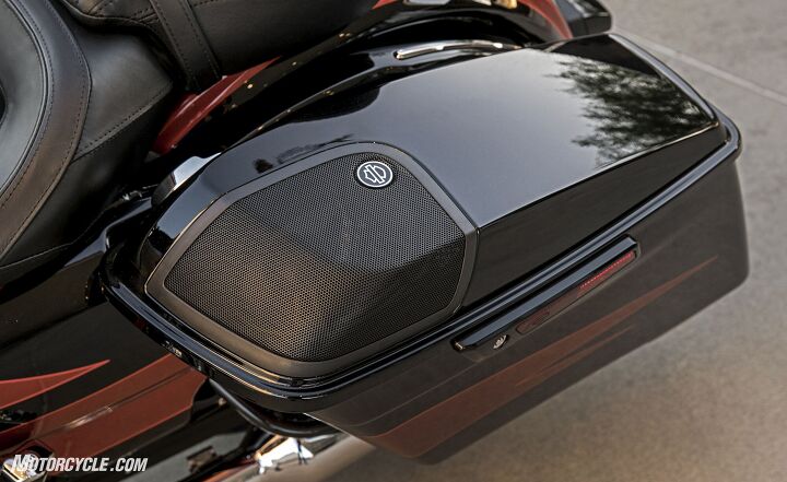 2017 harley davidson cvo street glide first ride review, The saddlebags include 6 5 BOOM Stage II speakers to surround the riders with sound