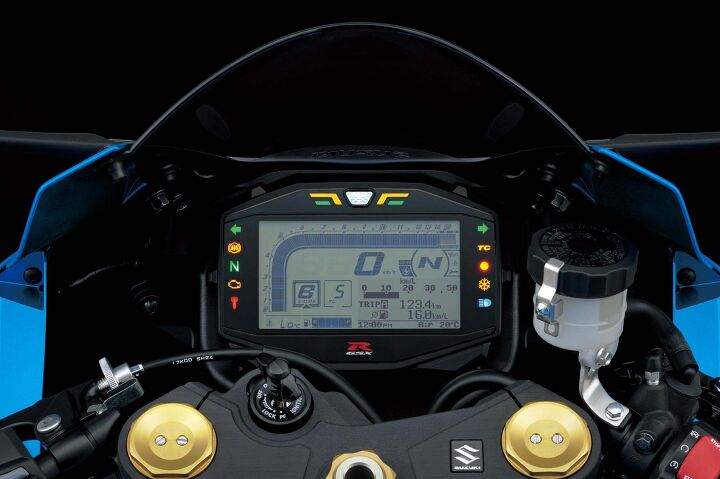 2017 suzuki gsx r1000 and gsx r1000r previews, TC 5 Cap n Suzuki Drive Mode Selector A B and C allows the rider to pick one of three engine power delivery characteristic settings This is the GSX R1000 panel the GSX R1000R gets light numerals on a black background Both are 6 way brightness adjustable and packed with a ton of info