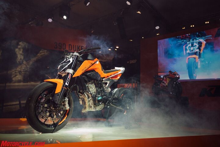 ktm 790 duke concept unveiled at eicma 2016, The 790 Duke prototype takes center stage with KTM s RC16 MotoGP contender watching on in the background