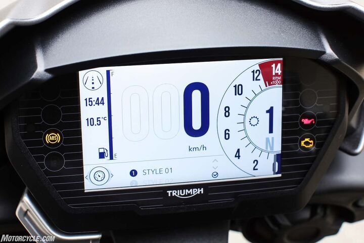 2017 triumph street triple rs review first ride, There exist six different styles of display from which to choose Pictured is the standard high contrast road setting with animated GPI within the tach Choosing style 02 shrinks the speedo and enlarges the tach Other styles are somewhat Star Treky You can also select the contrast you prefer or set it to auto contrast when the display will change according to ambient light