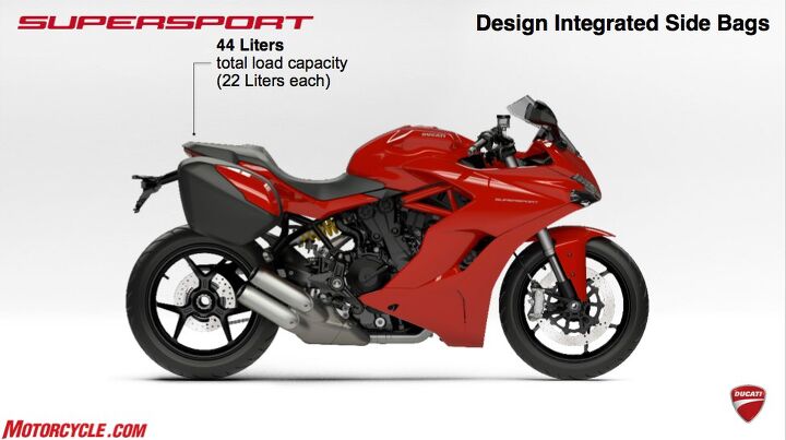 2017 ducati supersport review, The Supersport s optional expandable saddlebags don t need cutouts to accommodate the exhaust so are able to hold an equal amount enough to fit a full face helmet The bags are part of the optional Touring pack which includes a taller windscreen and heated grips