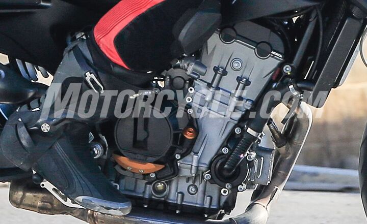 2018 ktm 790 duke spy shots, The LC8c engine looks significantly more finished than the version shown at EICMA The inclusion of color matched accessory components like the skid plate and oil filler point to this being a near production unit
