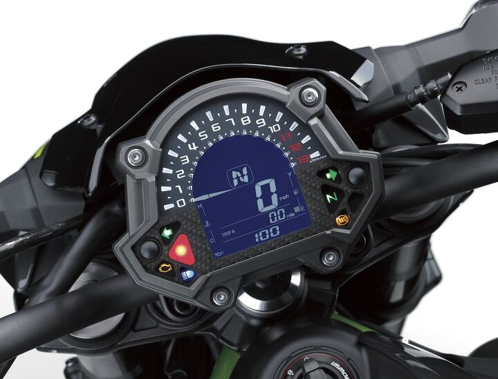 2017 kawasaki z900 review first ride, The instrument cluster is a combination of digital speedo and digital analog tach that also acts as a shift indicator There are three different configurations for setting a shift indicator none of which we were overly impressed with The low fuel light came on at 100 miles with the range counter indicating 50 miles to go If the 150 range is correct that earns the Z a 33 3 mpg from its 4 5 gallon fuel tank Note the GPI here in neutral in the center of the speedo