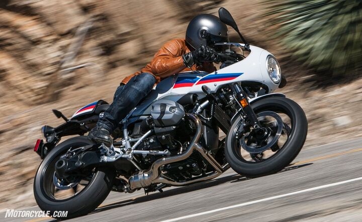 2017 bmw r ninet racer review first ride, Although the pegs are slightly rear set compared to the standard nineT the height of the pegs rotates the rider s pelvis rearward making the angle the lower back must bend in the reach for the clip ons more acute Shifting the pegs a little further rearward would alleviate this issue