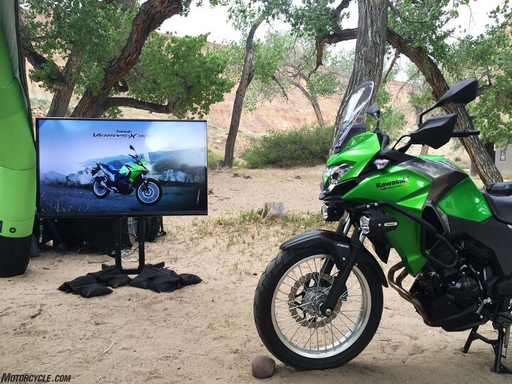2017 kawasaki versys x 300 abs review, Roughing it is better with big screen TVs
