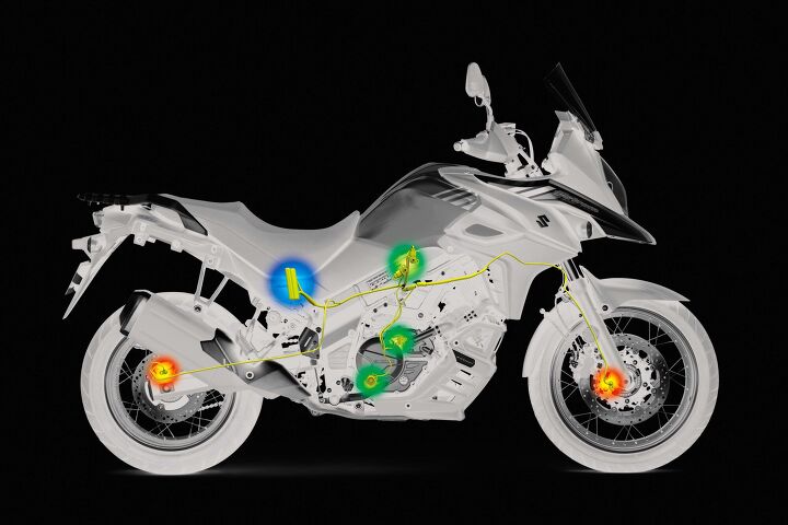 first look 2017 suzuki v strom 650 and 650xt, The TC system reports in on front and rear wheel speeds throttle opening engine speed and the gear you re in to adjust engine output and control wheelspin