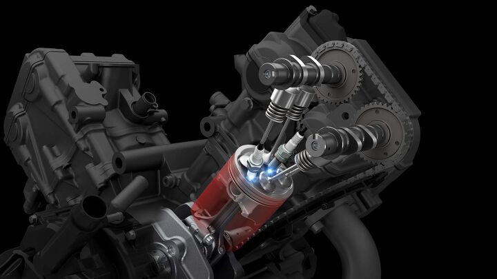 first look 2017 suzuki v strom 650 and 650xt, Meanwhile in the engine bay there s more power courtesy of the SV650 s updated engine with new camshafts and dual plug cylinder heads Suzuki s Easy Start system lets you start the bike with a single jab of the starter button and no clutch if you re in neutral