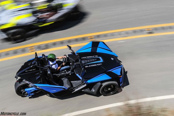 2018 polaris slingshot slr review, The Slingshot is half a foot shorter than a Miata but has a wheelbase 15 inches longer at 105 0 inches which aids stability for the reverse trike layout Skidpad grip has been tested to a decent 0 85 G All Slingshots have a two year unlimited mileage warranty