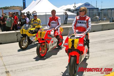 church of mo this too shall pass, Racing legends of the past Three former GP champions Kenny Roberts left Eddie Lawson middle and Wayne Rainey right sat aboard their championship winning machines All three riders won 500cc world titles on Yamahas
