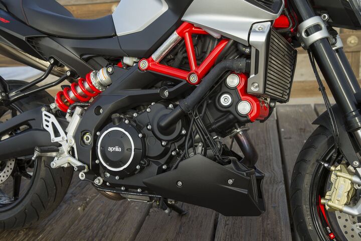 2018 aprilia shiver 900 first ride review, Aprilia s new 896cc 90 degree V Twin delivers tractable power evenly above 3000 rpm all while wearing a stylish red valve cover