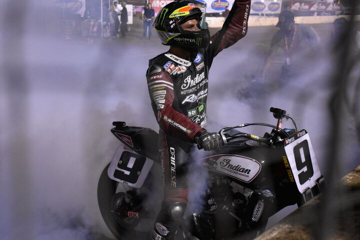 support your local racetracks, Jared Mees celebrates his race win and championship title with a obligatory burnout for the fans at the AMA Flat Track final round in Perris CA October 7 2017