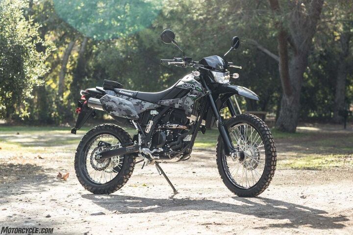 2018 kawasaki klx250 first ride review, For a 200 premium over the green KLX250 you can get it in this attractive digital Matrix Camo version with blacked out components including its frame swingarm engine rims and fork tubes