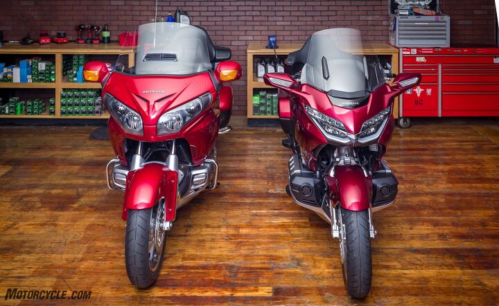 first look 2018 honda gold wing and gold wing tour, This side by side image makes the previous generation Gold Wing left look positively porky next to its more chiseled and buff younger sibling