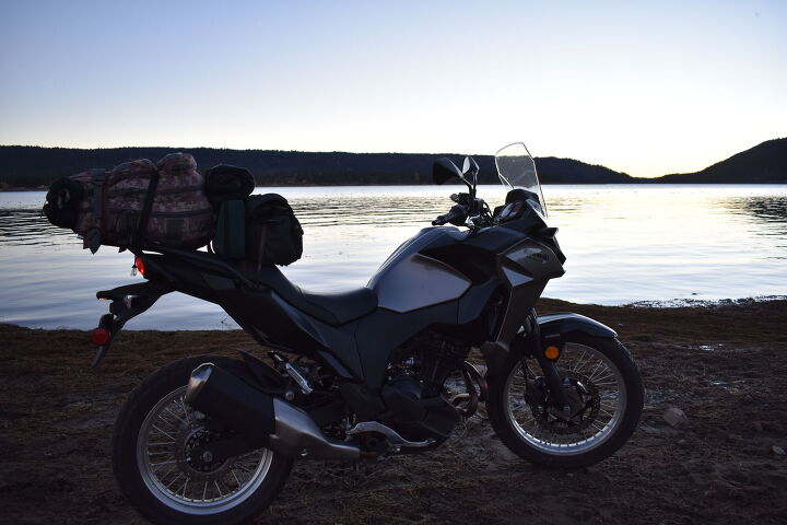 rallying the kawasaki versys x 300, I setup camp just off the lake s edge You could hear coyotes howling all night long It was pretty neat and by pretty neat I mean a little unnerving There must have been dozens all around The Versys X was there to protect me hehe