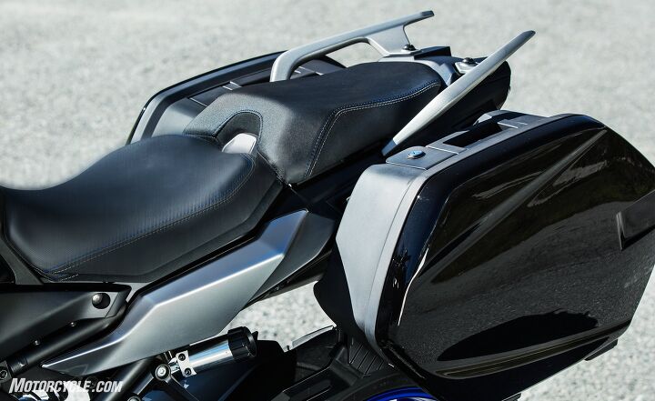 first look 2019 yamaha tracer 900 and tracer 900 gt, The Tracer 900 GT comes with color matched hard bags Tucked under the bodywork the shock s remote preload adjuster awaits your needs