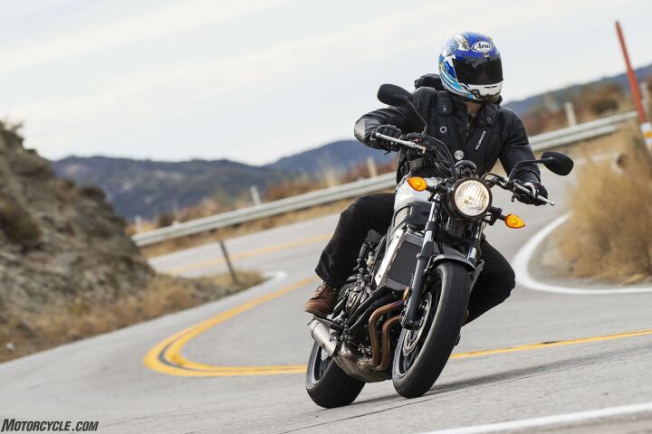 2018 yamaha xsr700 sport heritage first ride review, A skinny chassis and 410 lb weight make the bike flickable through the twisty stuff