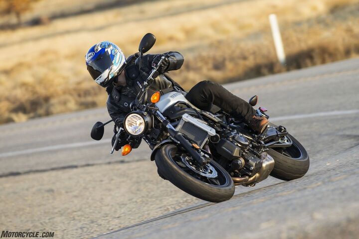 2018 yamaha xsr700 sport heritage first ride review, Spirited riding is certainly one of the XSR700 s strong points as it s well suited to carving up the curves If you look closely you can see sparks from dragging the foot peg feelers