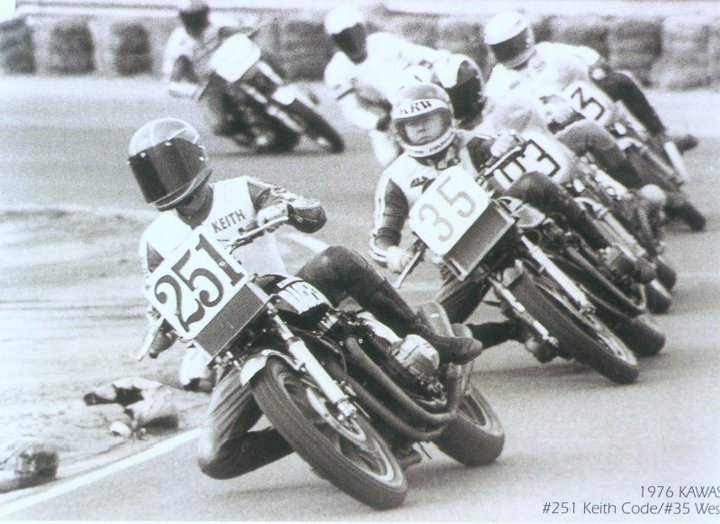 keith code the early years, KC leading Wes Cooley Steve McLaughlin Reg Pridmore Cook Neilson at Riverside in 1976