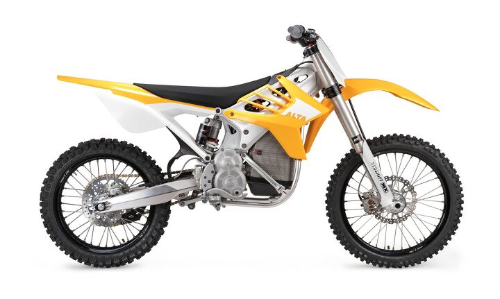 the rise of electric vs gas powered motorcycles, The Alta Motors Redshift in Motocross MX trim weighs a claimed 267 lbs has a 57 5 inch wheelbase 37 inch tall seat 27 degree rake 21 and 19 inch wheels two piston Brembos paired with a 260mm rotor in front and a single pot Brembo 240mm disc combo out back These aren t terrible read terribly futuristic looking motorcycles you know