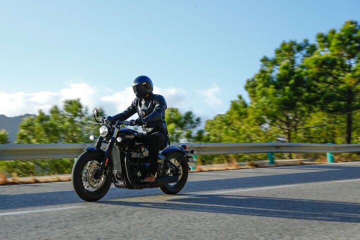 2018 triumph bonneville bobber black first ride review, The Bonneville Bobber Black has an upright commanding riding position by cruiser standards anyhow that gives the pilot plenty of leverage to put the bike wherever he she wants These sportier ergos however don t impede on longer ride comfort