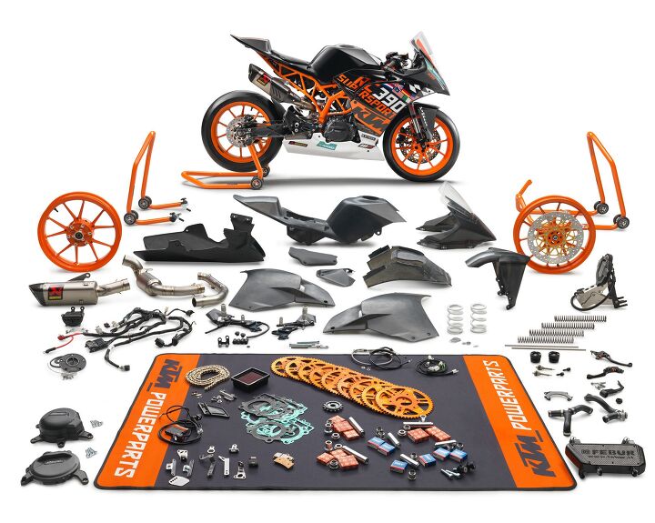 ktm introduces the 2018 rc 390 r for the european and overseas markets, From various sized sprockets to a larger capacity radiator the SSP 300 Race Kit contains more than 230 individual parts allowing racers the ability to custom tune the bike to their liking while suiting various tracks and conditions