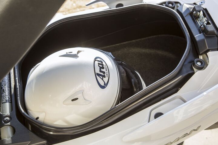 2018 suzuki burgman 400 first ride review, With 42 liters of carrying capacity under the seat the Burgman 400 makes two wheel travel easy peasy lemon squeezy I don t think this picture does the compartment justice it s bigger than it looks