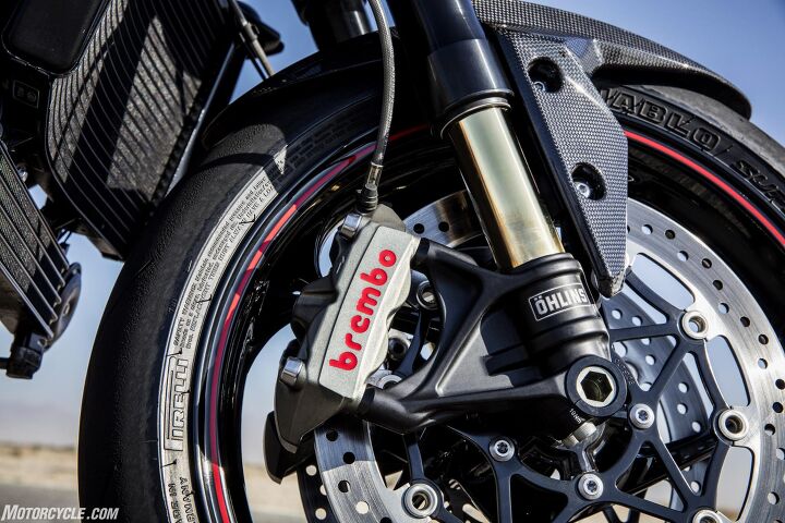2018 triumph speed triple rs first ride review, Brakes remain the same Brembo M4 34 units found on last year s model Rear brake is a single Nissin 2 piston caliper gripping a 255mm disc Suspension units on the RS model consist of a fully adjustable hlins 43mm NIX30 fork and fully adjustable hlins TTX36 shock while the S model wears a fully adjustable Showa 43mm fork and Showa shock with rebound and compression adjustability