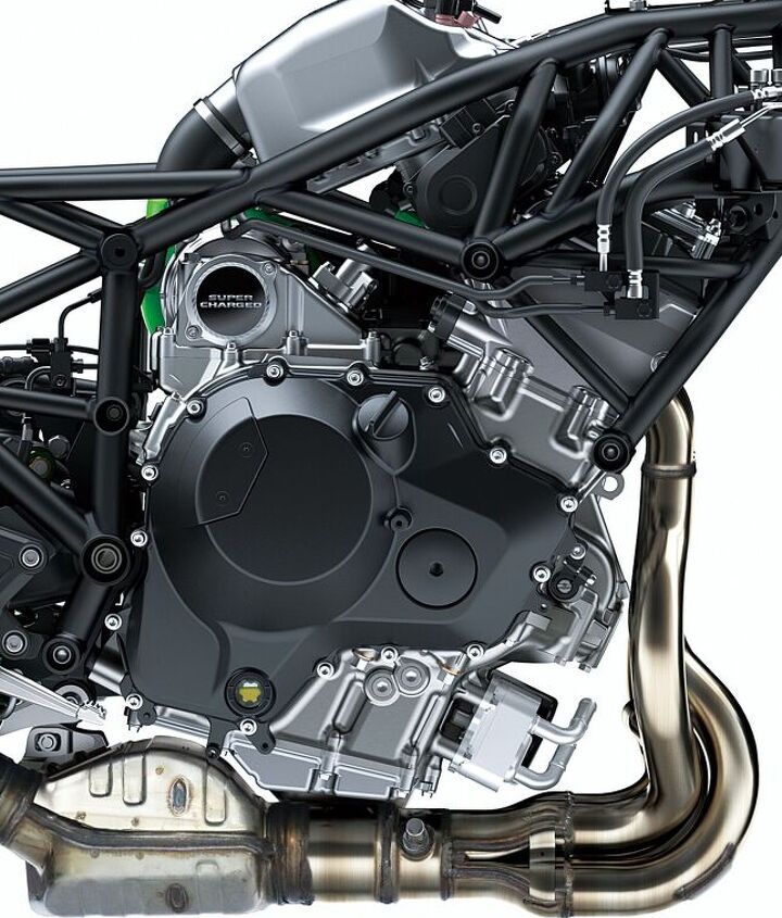 2018 kawasaki h2 sx se first ride review, Achieving the desired fuel efficiency while maintaining the low to mid rpm performance characteristics of the H2 platform meant improving the engine s thermal efficiency by increasing the compression ratio from 8 5 1 to 11 2 1 this was done with new cast aluminum pistons with a revised crown new cylinder head and cylinder Squish is now 1mm instead of 4mm and the new pistons are said to improve combustion and help prevent engine knock Intake and exhaust cam profiles were shortened to match the reduced airflow requirements of street riding Exhaust header pipes are 2 2mm smaller in diameter with connector pipes between cylinders which contribute to low mid range torque and higher fuel efficiency and a new muffler with less volume is 6 6 pounds lighter than the original H2 unit