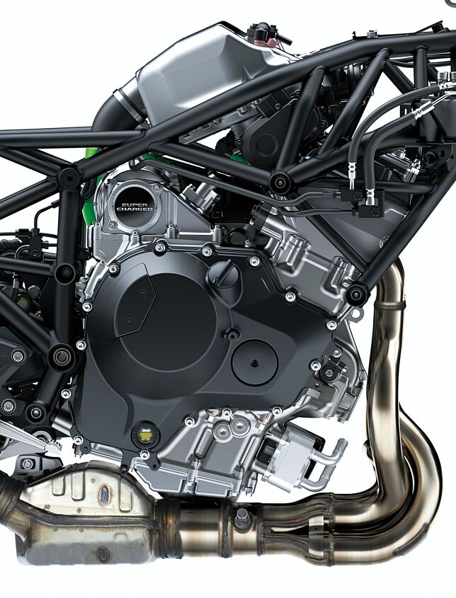 2018 kawasaki h2 sx se first ride review, Achieving the desired fuel efficiency while maintaining the low to mid rpm performance characteristics of the H2 platform meant improving the engine s thermal efficiency by increasing the compression ratio from 8 5 1 to 11 2 1 this was done with new cast aluminum pistons with a revised crown new cylinder head and cylinder Squish is now 1mm instead of 4mm and the new pistons are said to improve combustion and help prevent engine knock Intake and exhaust cam profiles were shortened to match the reduced airflow requirements of street riding Exhaust header pipes are 2 2mm smaller in diameter with connector pipes between cylinders which contribute to low mid range torque and higher fuel efficiency and a new muffler with less volume is 6 6 pounds lighter than the original H2 unit
