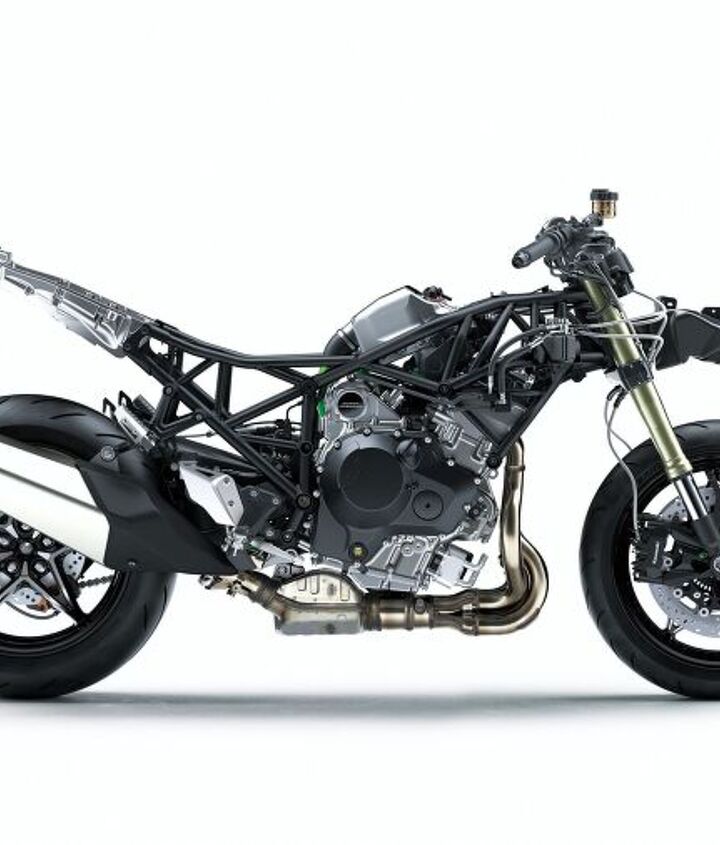 2018 kawasaki h2 sx se first ride review, Kawasaki says The trellis frame is made of high tensile steel with pipe diameter thickness and bend of each piece carefully selected to obtain the necessary stiffness The steering head was moved forward 15mm contributing to a 30mm longer wheelbase and enabling a wider 30 degree steering angle for easier low speed maneuverability The engine was tilted forward two degrees to help lower the center of gravity which contributes to overall handling and stability Stronger longer rear frame increases the payload by nearly 200 pounds Slim frame design and horizontal mounting of the die cast aluminum rear subframe helps keep seat narrow for a shorter reach to the ground Open design of trellis frame allows air to pass through it to help dissipate engine heat Swingarm mounting plate is bolted to the back of the engine to make it part of the frame eliminating frame cross members for lightness and increasing stiffness