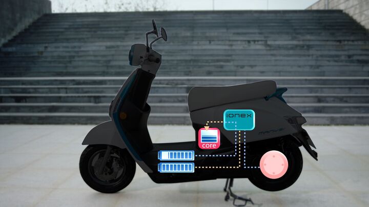 kymco ionex electric scooter platform announced, A power management system regulates how the removeable battery packs power the scooter or charge the internal battery Kymco says the system switches seamless between power sources with no interruption to performance