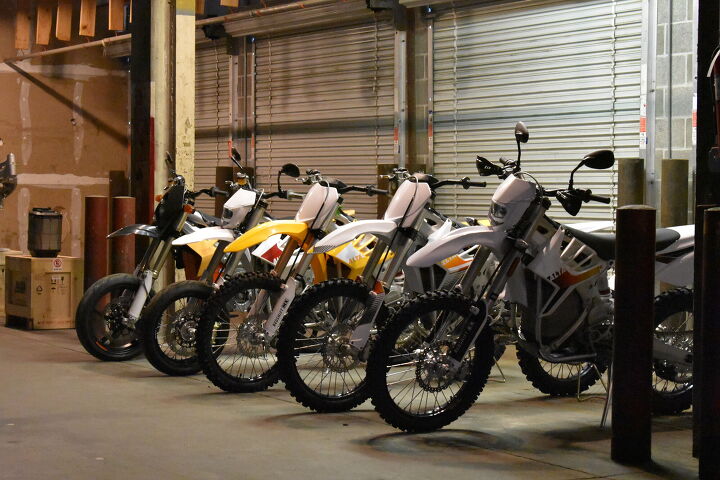 alta motors hq tour top 10, From left to right the original Redshift prototype the Redshift SM MX MXR and EX We just rode their all new EXR so look for a first ride review next week
