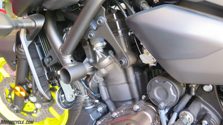 live with it 2018 yamaha mt 07, You re also paying for MotoGP technology which hangs the engine from its steel frame for amazingly good handling The gearbox shafts are stacked too for a shorter package longer swingarm