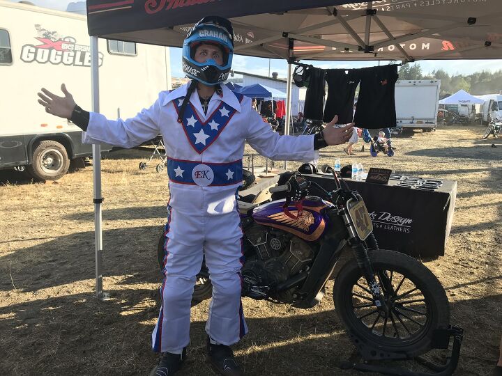 the wild one the holy grail of flat track fun, Given Travis Pastrana s recent Evel Knievel tribute jumps in Las Vegas and the general anything goes spirit of the event the costume was definitely the right choice for race attire he had full leathers on underneath in case Evel s powers weren t enough to protect him Evel was after all prone to crashing Watching the cape flap in the wind as Jordan passed riders was epic