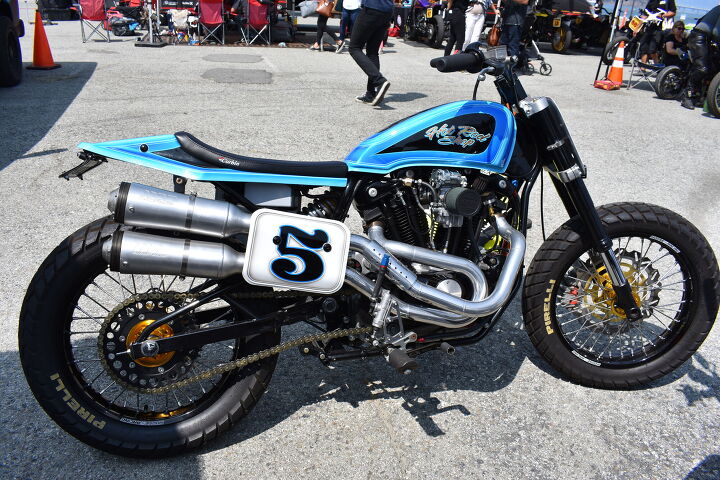 the rsd moto bay classic photo recap, An old H D Ironhead XR750 powered tracker in the Super Hooligan pits It didn t race though Crashing this baby would have been a shame