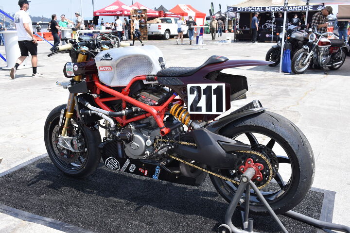 the rsd moto bay classic photo recap, A Ducati 1198RS built in Woolie s Workshop by Michael Woolaway The frame swingarm and engine cases are from a Hypermotard and the rest you see is totally custom He raced it up Pikes Peak too