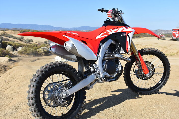 2019 honda crf450rx first ride review, The RX comes fitted with Dunlop Geomax AT81 shoes a favorite amongst many top off road riders The rear 18 inch wheel is especially nice on the trails because it offers more sidewall rubber than a 19 inch motocrosser rear wheel and that translates to a little extra cushion tire flex for grip and a reduced chance of getting a pinch flat Plus both the front and rear brake discs come with their own protection too