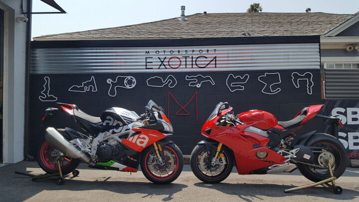 battle of the titans aprilia rsv4 rf vs ducati panigale v4 s track, A special thanks to our friends at Motorsport Exotica for getting these two Italian stallions onto the dyno on such short notice If you re wondering those racetracks on the wall are made from motorcycle chains