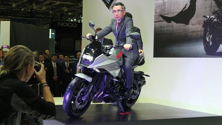 2020 suzuki katana first look, Suzuki president Toshihiro Suzuki with the 2020 Suzuki Katana