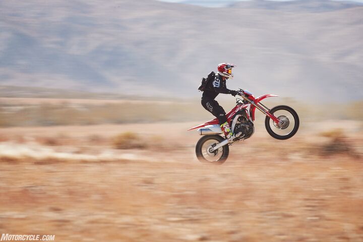 2019 honda crf450x review first ride, Or further up Between the CRF450X s torquey motor and its chassis stable nature at speed clutching up fourth or fifth gear wheelies isn t only for the Moto Gods anymore