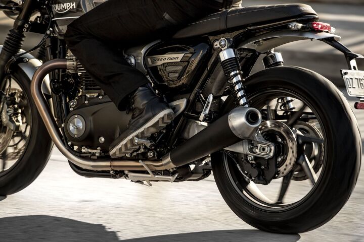 2019 triumph speed twin first look, The Triumph Speed Twin s exhaust ends in twin upswept silencers with a satin black painted finish and stainless steel end caps