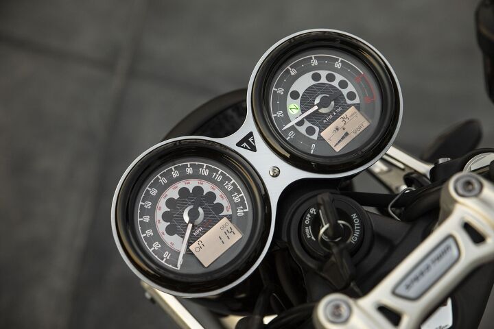 2019 triumph speed twin first look, The two circular instrument dials add to the retro look while incorporating small digital screens showing ride mode setting gear position fuel level and range and service indicator The screens also show information for the optional tire pressure monitoring system and heated grips when fitted