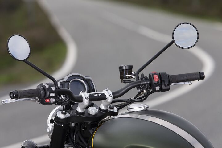 2019 triumph scrambler 1200 xc and xe review, Backlit controls are always welcome when riding an unfamiliar bike at night and the joystick on the left switchgear makes cycling through the menus a cinch The kill switch on the right is your on off kill and start button thanks to Triumph s keyless ignition