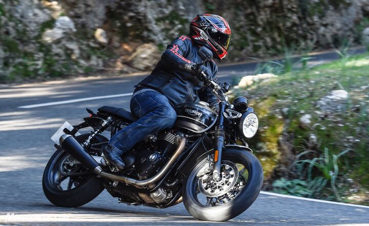 2019 triumph speed twin review first ride, The riding position works well from 180 first gear corners like this one to high speed freeway jaunts My 32 inch inseam didn t feel overly cramped on this all day ride