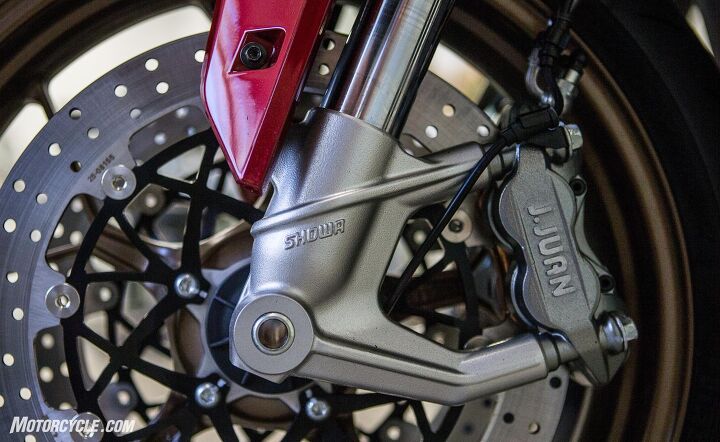 exclusive 2020 zero sr f review first ride, Zero s relationship with Showa is so close that the axle and caliper mounts were Zero designs Braking components were supplied by J Juan