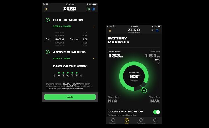exclusive 2020 zero sr f review first ride, Some of the flexibility gained from a connected motorcycle Remotely manage charging times and set a target charge notification